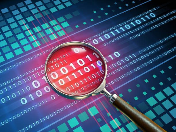 magnifying glass inspecting some binary code. 3d illustration.