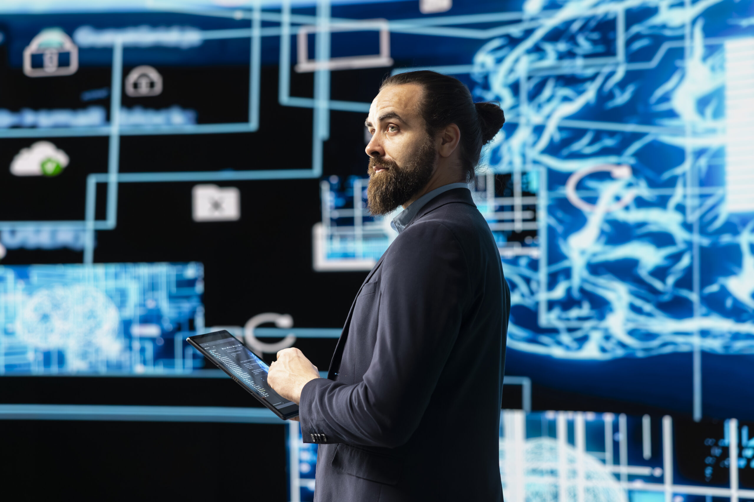 young entrepreneur works on implementing ai brain system for deep learning